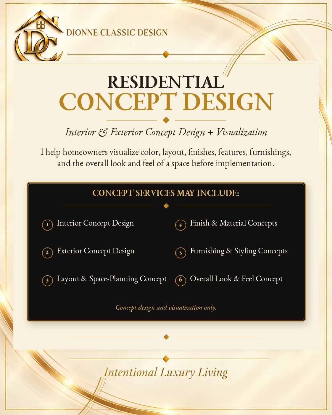 Residential interior and exterior concept design and visualization: interior concepts, exterior concepts, layout and space-planning concepts, finish and material concepts, furnishing and styling concepts, and overall look and feel. Concept design and visualization only.