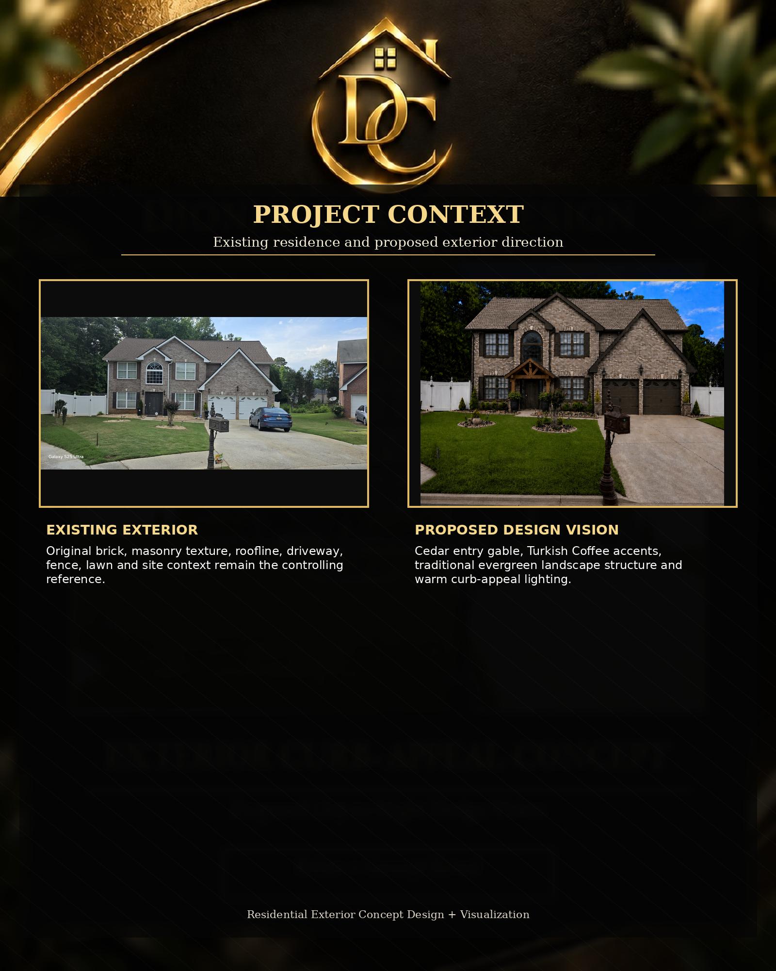 Existing exterior photograph alongside proposed cedar entry gable and exterior concept
