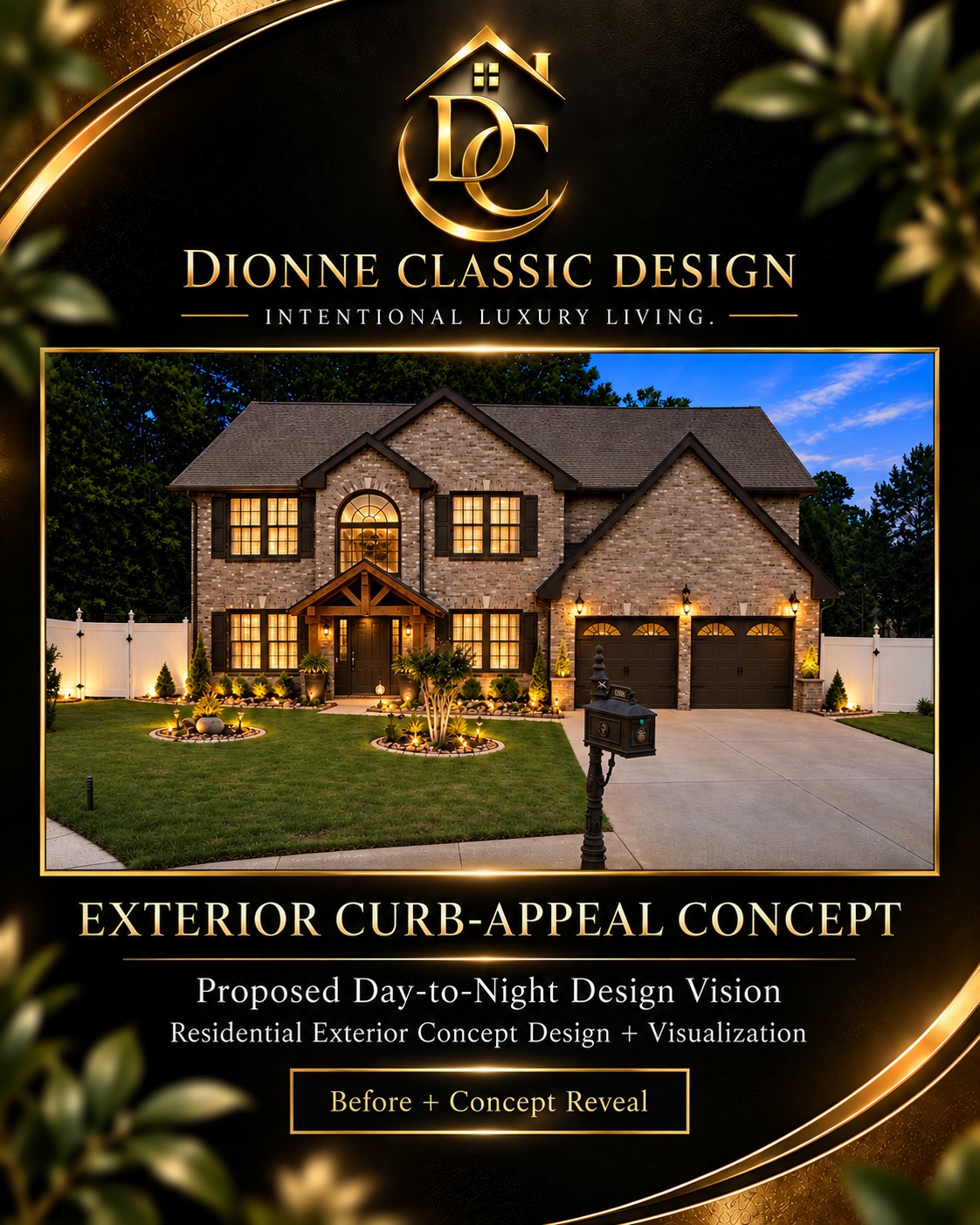 Dionne Classic Design proposed exterior concept with cedar entry gable and warm evening lighting
