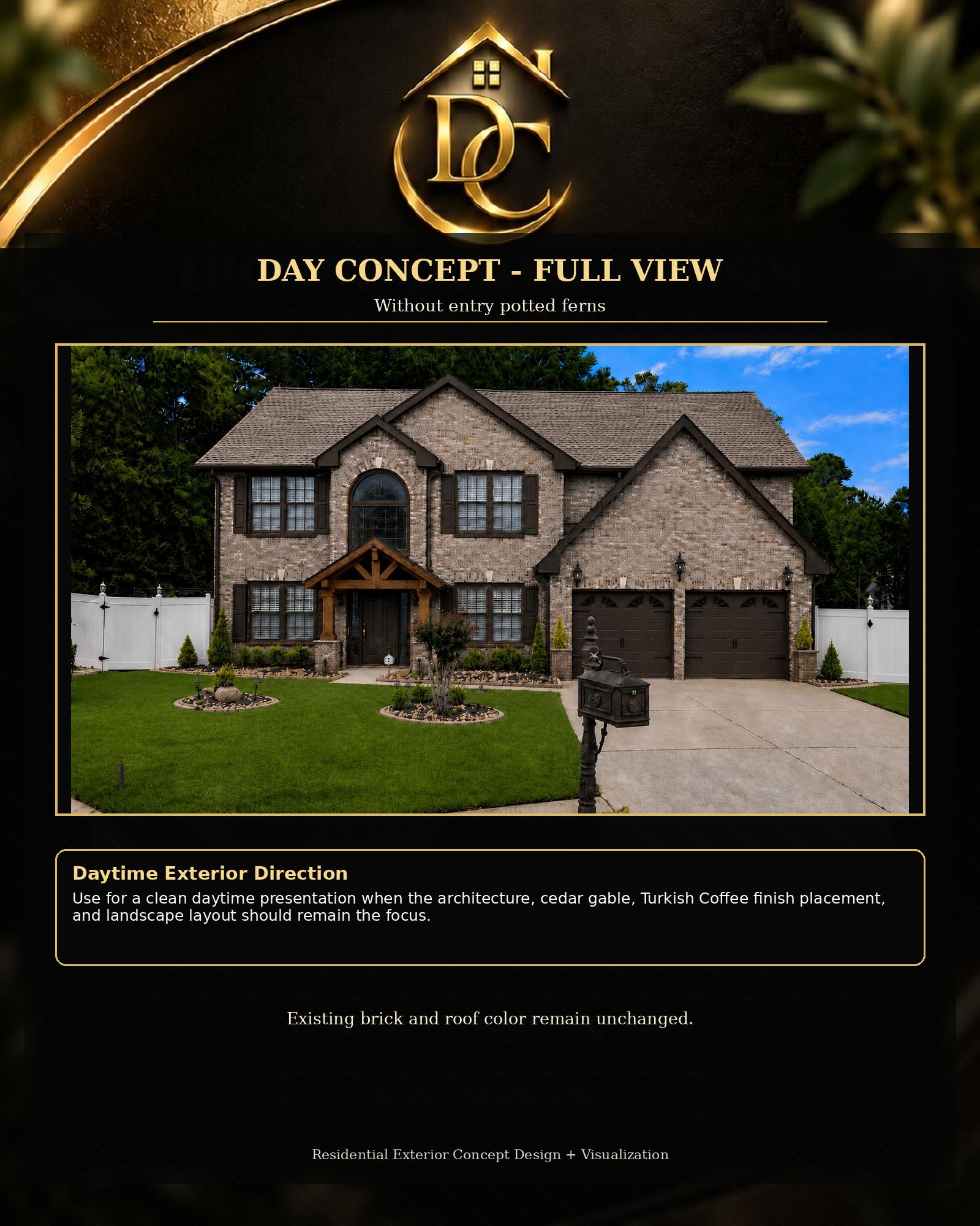 Proposed daytime exterior concept with cedar entry gable and coordinated finishes