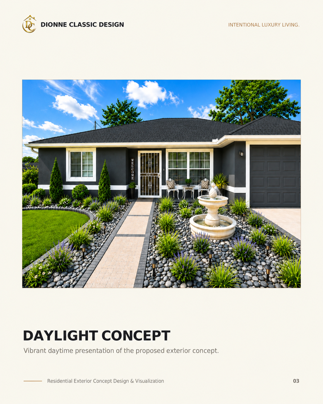 Proposed Florida exterior concept with charcoal walls, light trim, landscaped beds, and a fountain