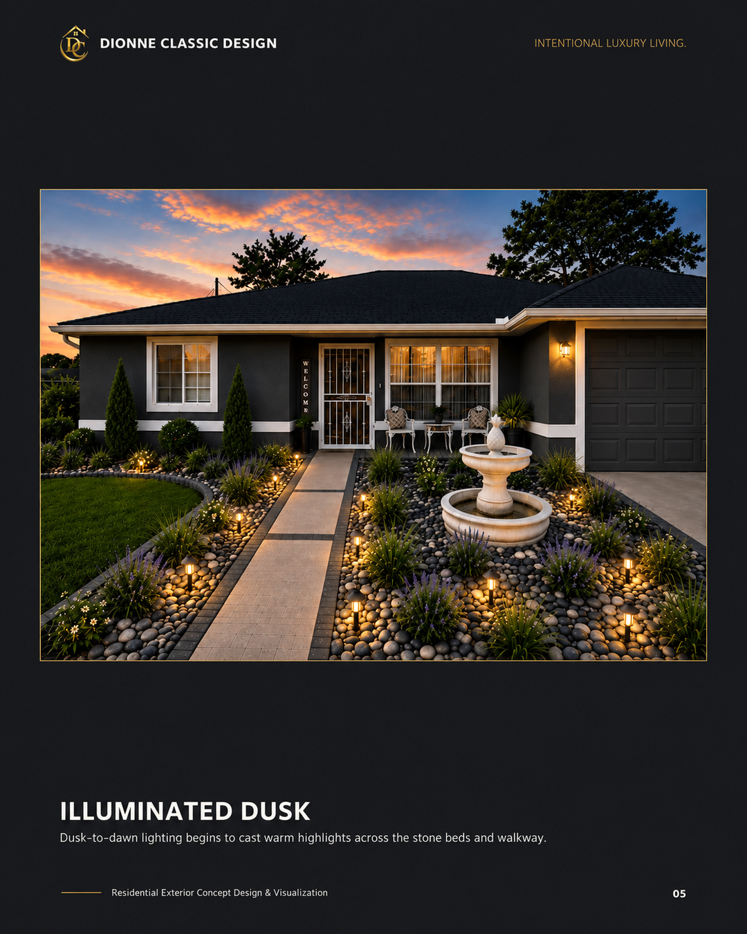 Proposed Florida exterior concept at dusk with warm walkway and entry lighting
