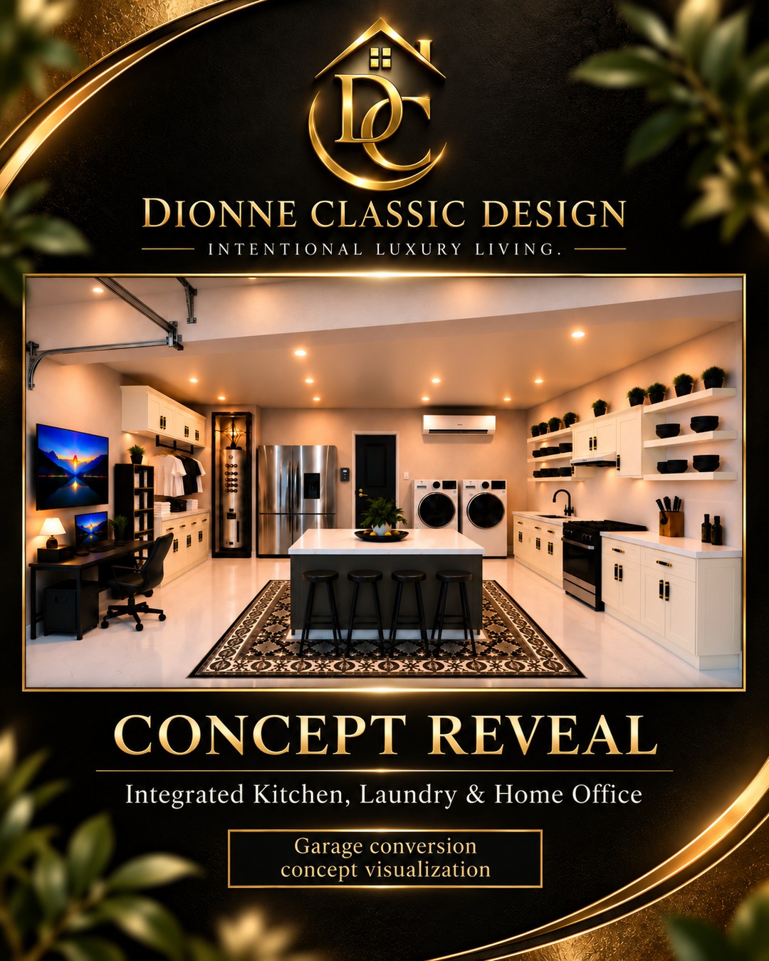 Proposed integrated kitchen, laundry, and home office garage concept visualization