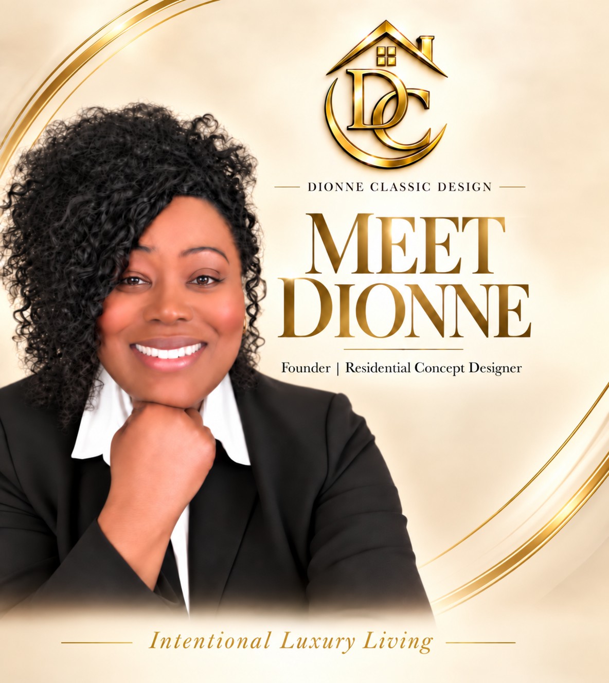 Dionne Livingstone-Alexander, Founder and Residential Concept Designer. Approved hand-under-chin portrait with the Intentional Luxury Living tagline.
