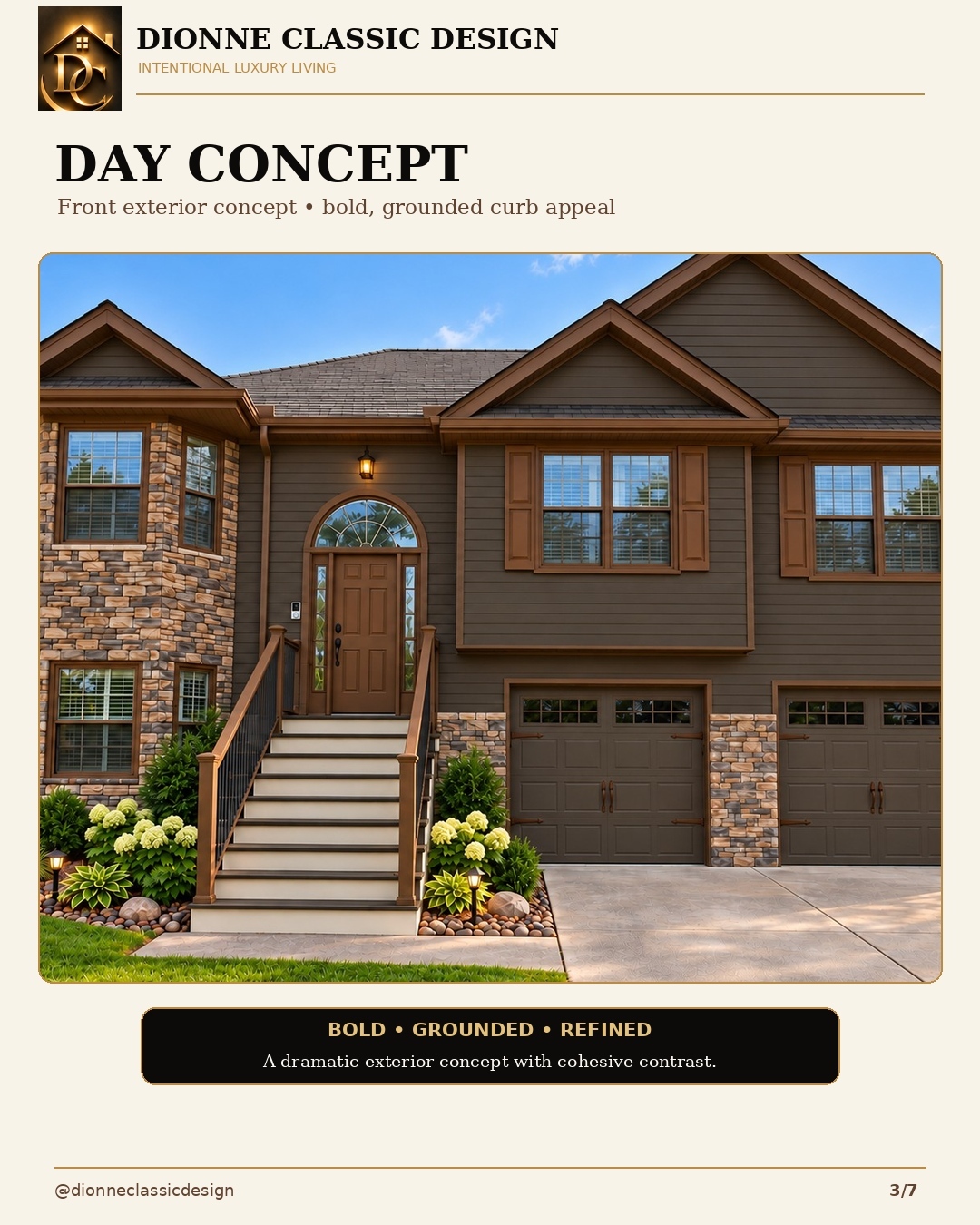Alternative proposed warm brown split-level exterior with stone accents and coordinated trim