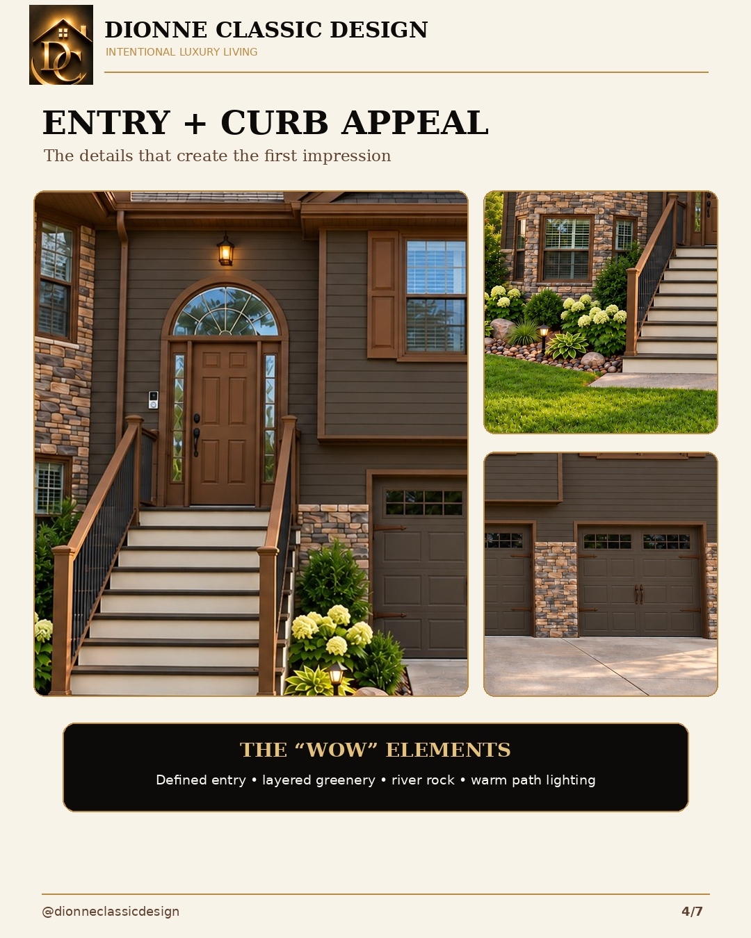 Alternative proposed warm brown concept showing entry, railing, garage, and landscape details