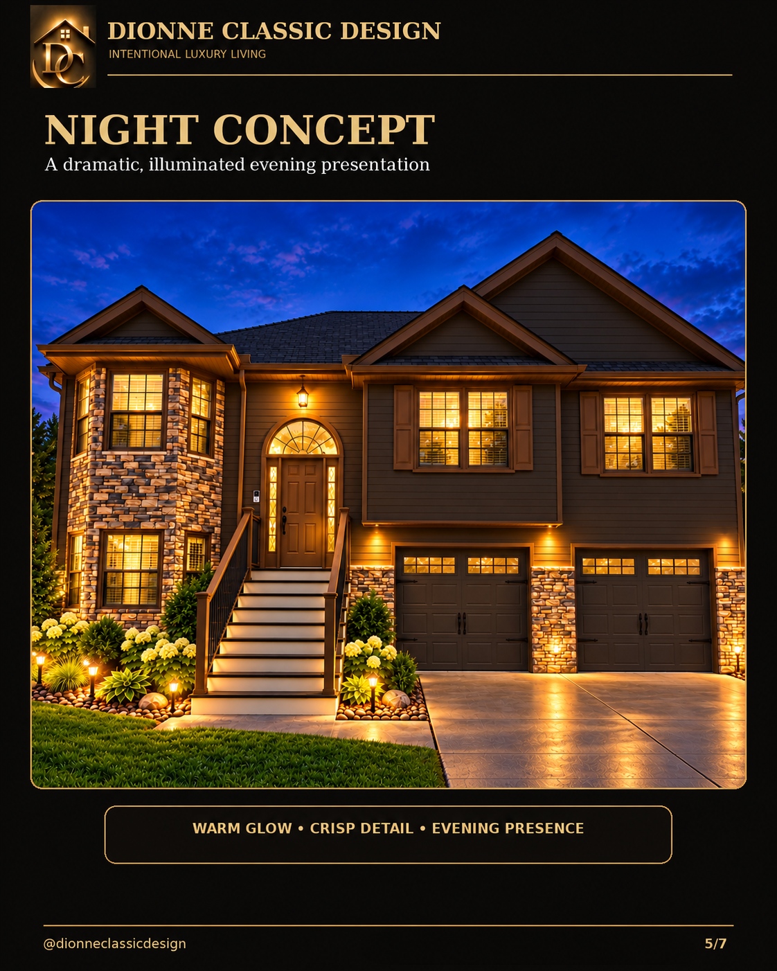 Alternative proposed warm brown split-level exterior with warm nighttime lighting