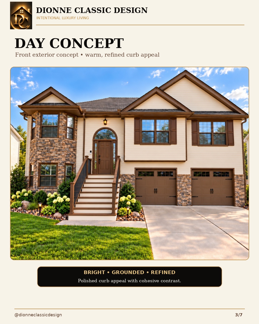 Proposed light cream split-level exterior with brown trim, stone accents, and landscaping