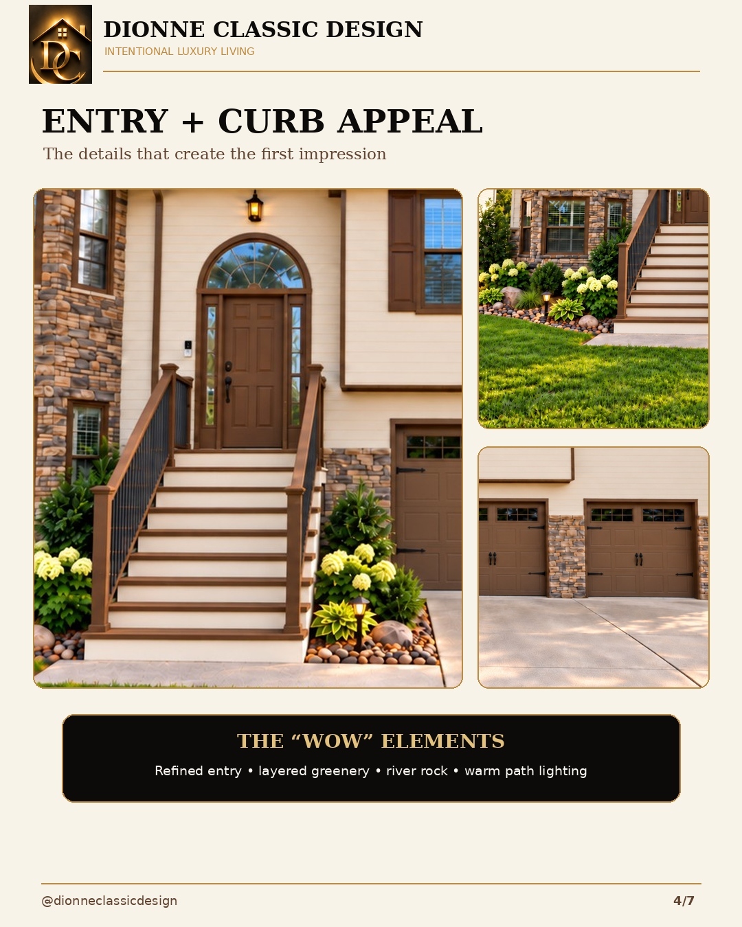 Proposed light cream concept showing the entry, railing, stone, garage, and landscape details