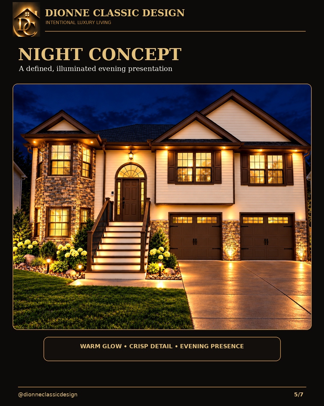 Proposed light cream split-level exterior with warm nighttime lighting