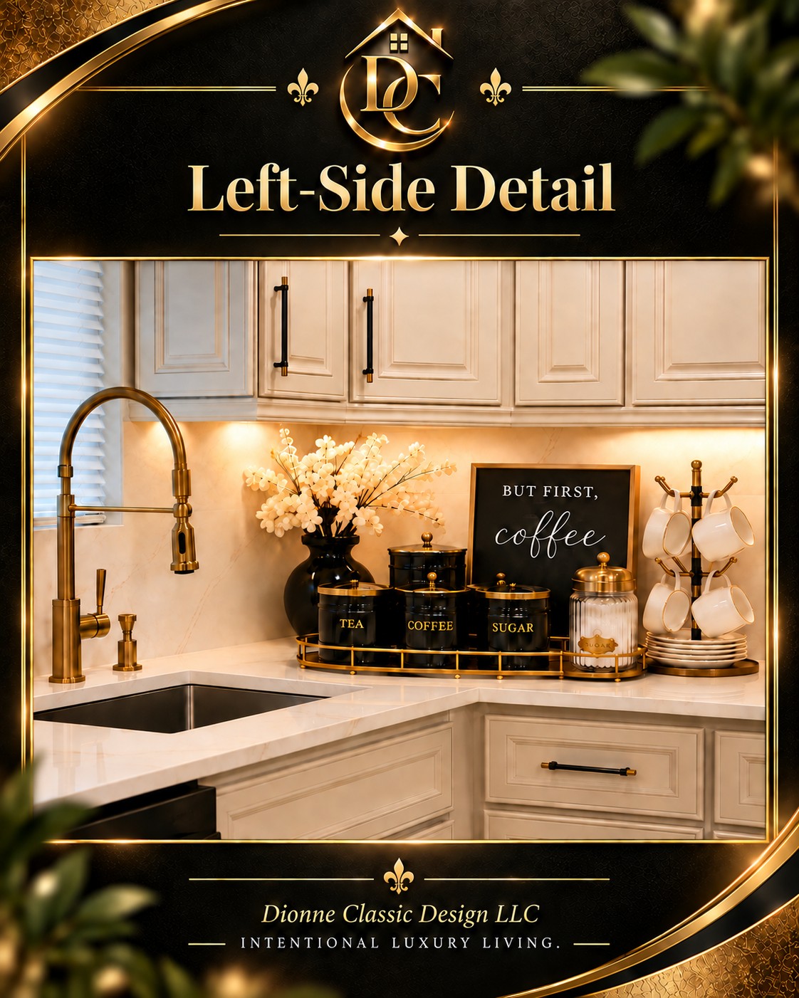 Proposed coffee corner styling concept with black and gold canisters and ivory mugs