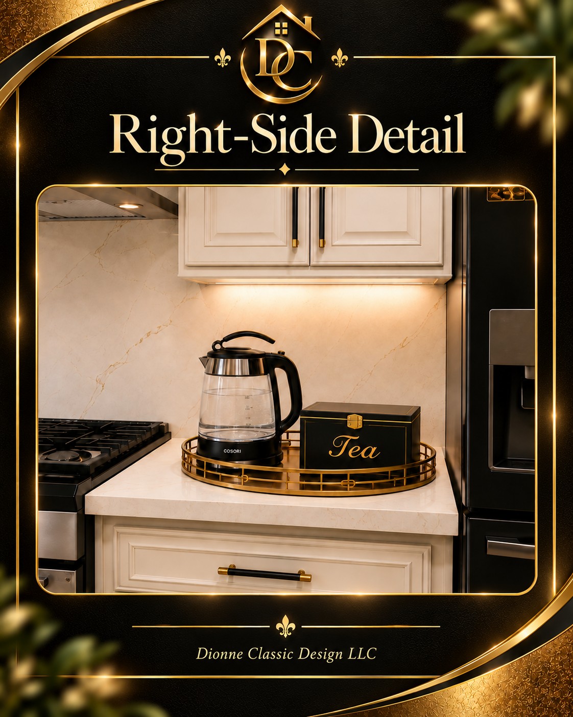 Proposed tea station concept with kettle and gold-rimmed tray